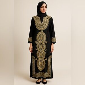 Black & Gold Embroidered Kaftan Dress – L/XL